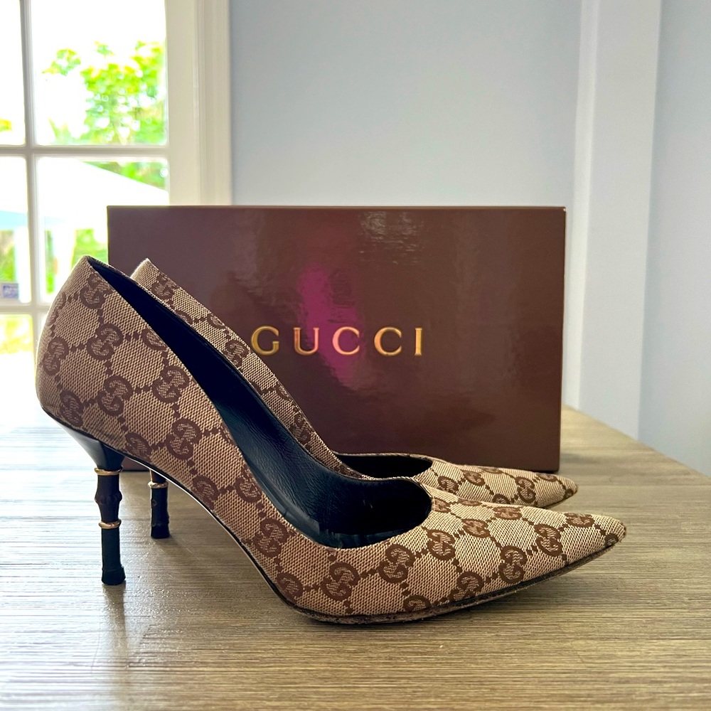 Gucci Monogram Bamboo Heeled Pumps.  Size 7 1/2B.